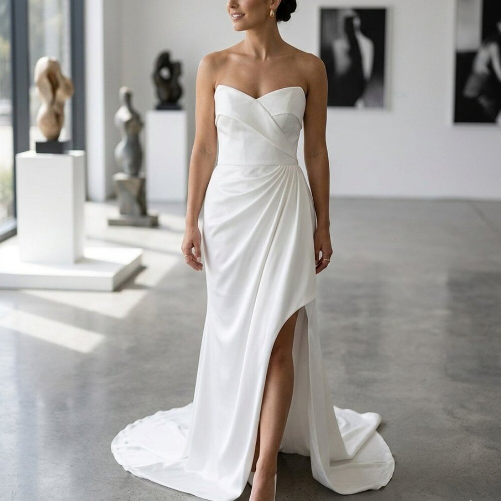 NWT YAURA WHITE  STRAPLESS SWEETHEART BRIDAL TRAIN EVENING FORMAL DRESS - L